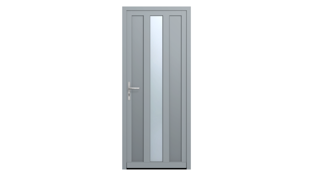 Porte d'entrée bois LONGITUDE 4 Porte d'entrée grise avec rectangles pleins et rectangles vitrés